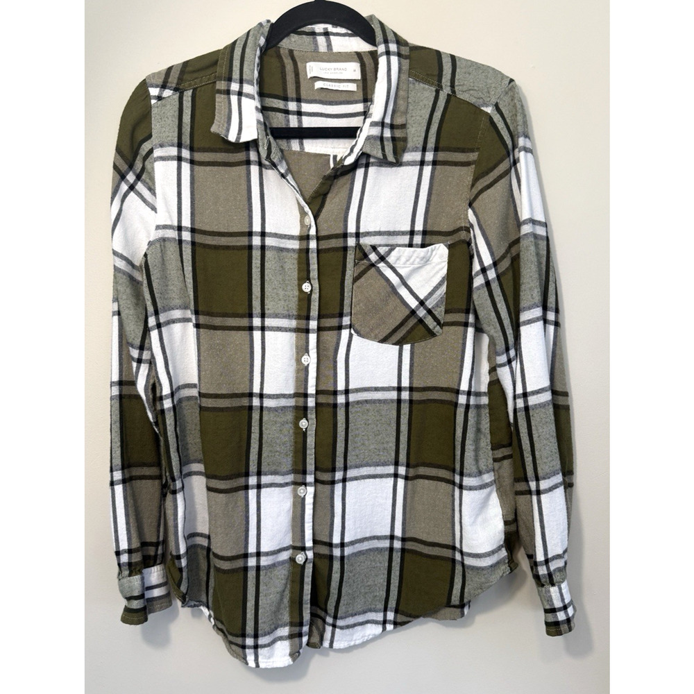 Lucky Brand Women's Medium Long Sleeve Olive & Black Plaid Button Front Shirt